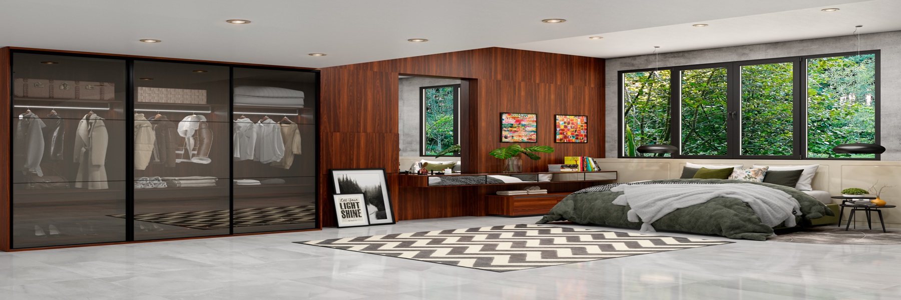 quarto com roupeiro de correr em mdf e portas de vidro